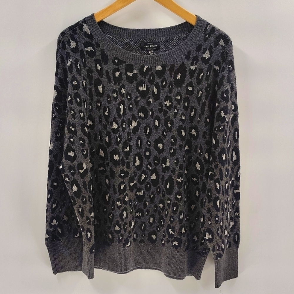 Lucky Brand Black & Gray Leopard Print Pullover Crew Neck Sweater Size 2X